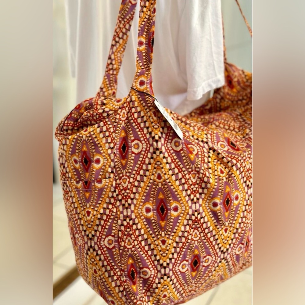 ZARA Cotton Fabric Shopper Cloth Shoulder TOTE Bag, Zipper and Pockets, XLarge - Picture 2 of 14